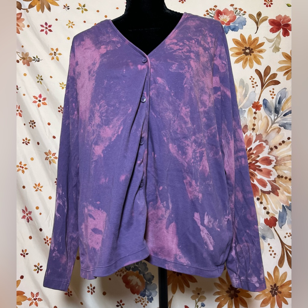 Lands End Womens L Purple Pink Bleach Dye V Neck Grunge Button Cardigan Fall